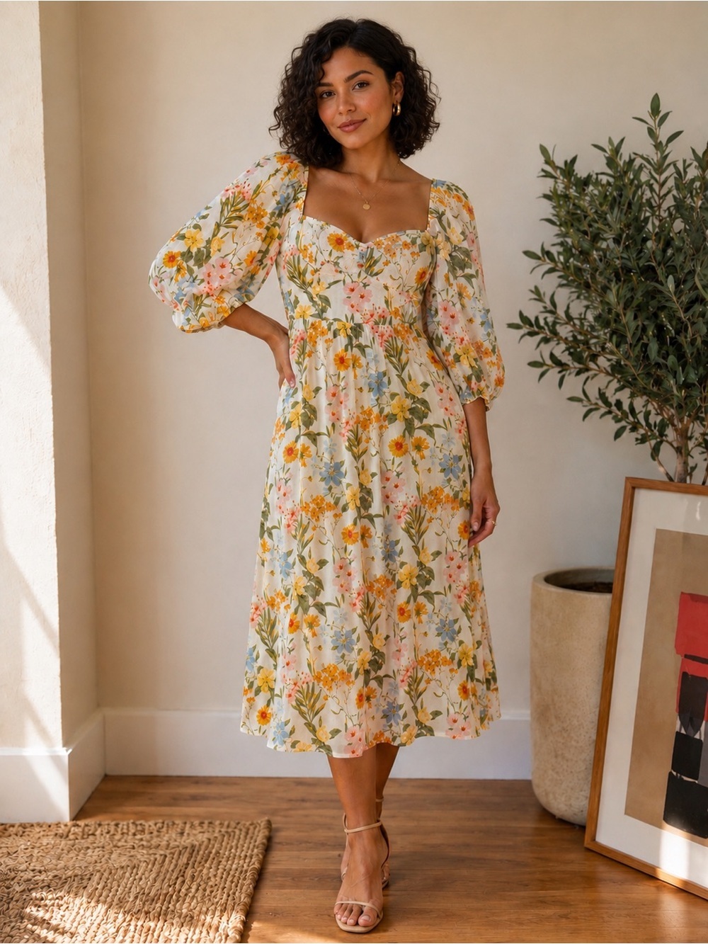 Sugarlips Floral Puff Sleeve Midi Dress Cottagecore Lined Smocked Size Small